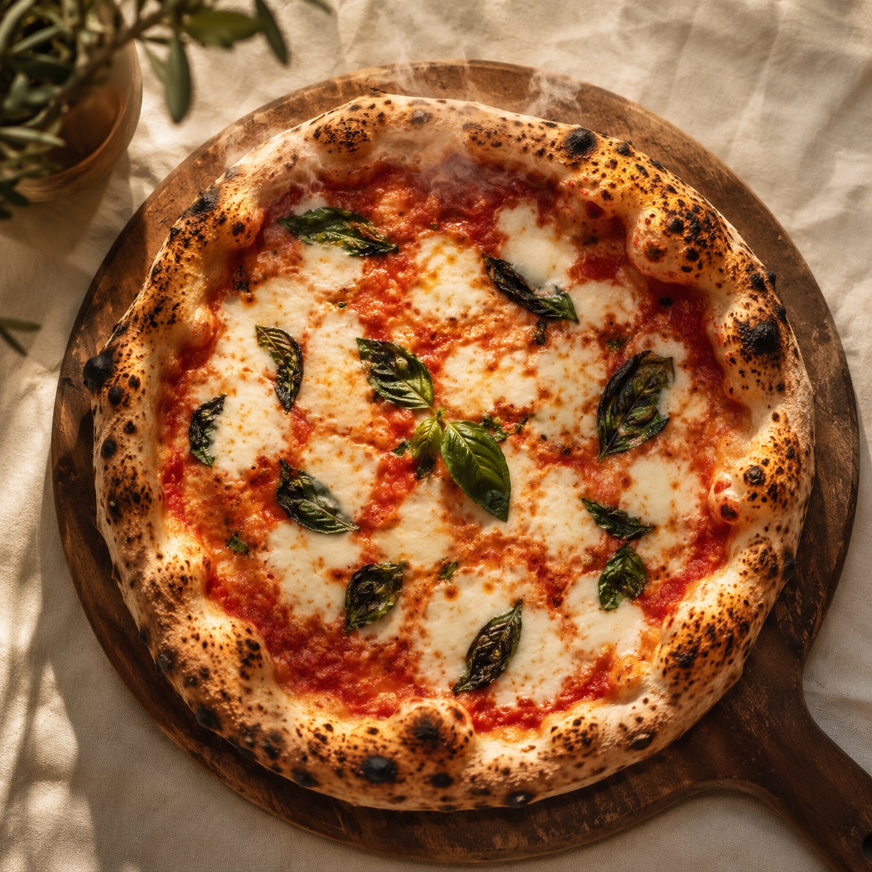 Frisch gebackene Margherita Pizza aus dem Steinofen