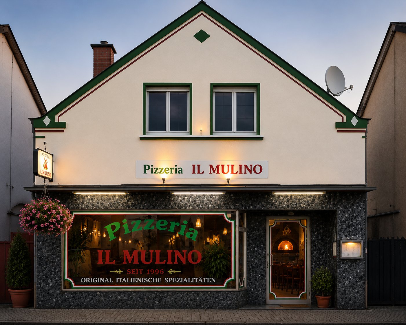 Pizzeria Il Mulino in Warendorf — Außenansicht bei Abenddämmerung